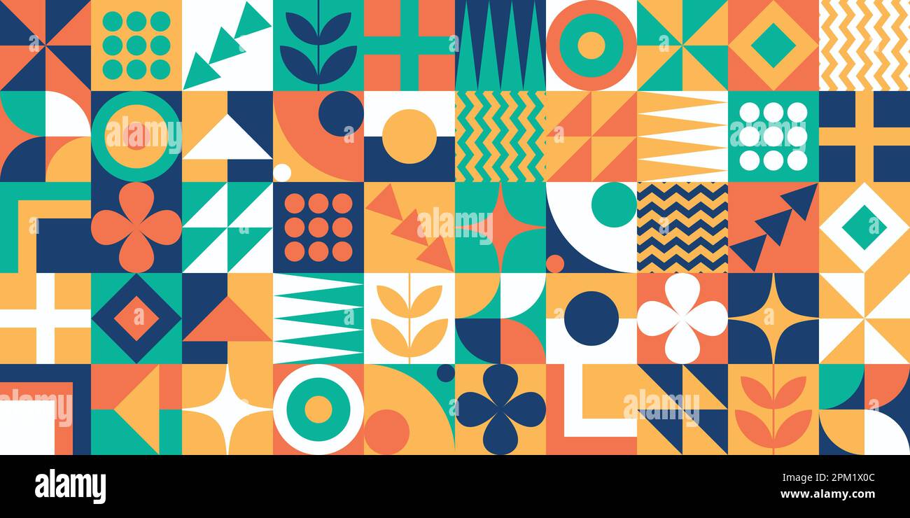 Modern bauhaus style memphis contemporary editable seamless pattern with bold simple shapes in vivid colors neo geo abstract geometrical vector art Stock Vector