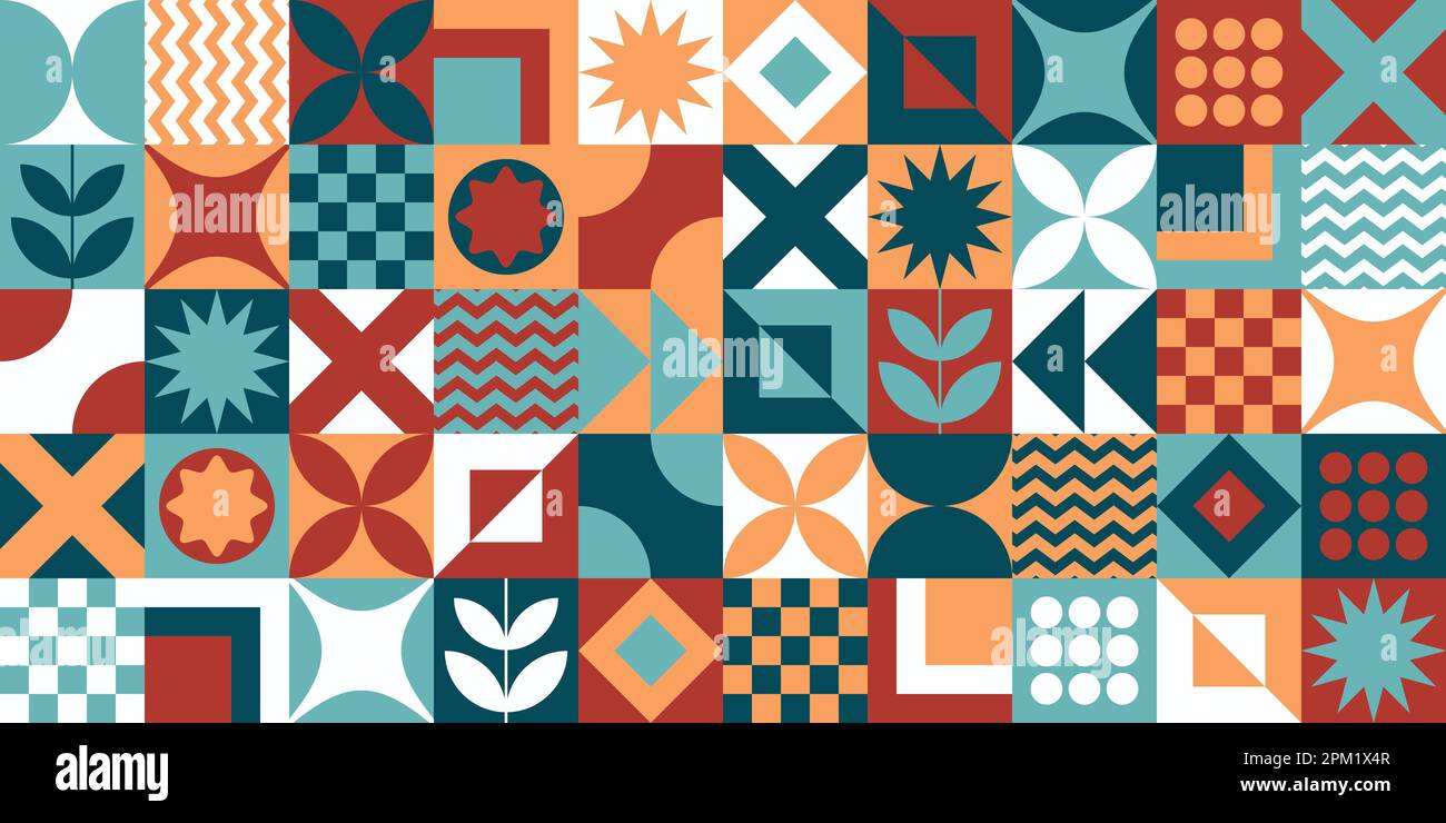 Mid century neo memphis abstract vivid colors geometric bauhaus style memphis contemporary repeatable editable seamless pattern neo geo geometrical Stock Vector