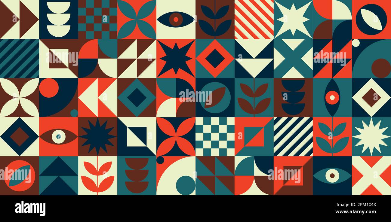 Modern mid century bold minimal mural texture print multi color neo geometric bauhaus style memphis editable seamless pattern neo geo abstract Stock Vector