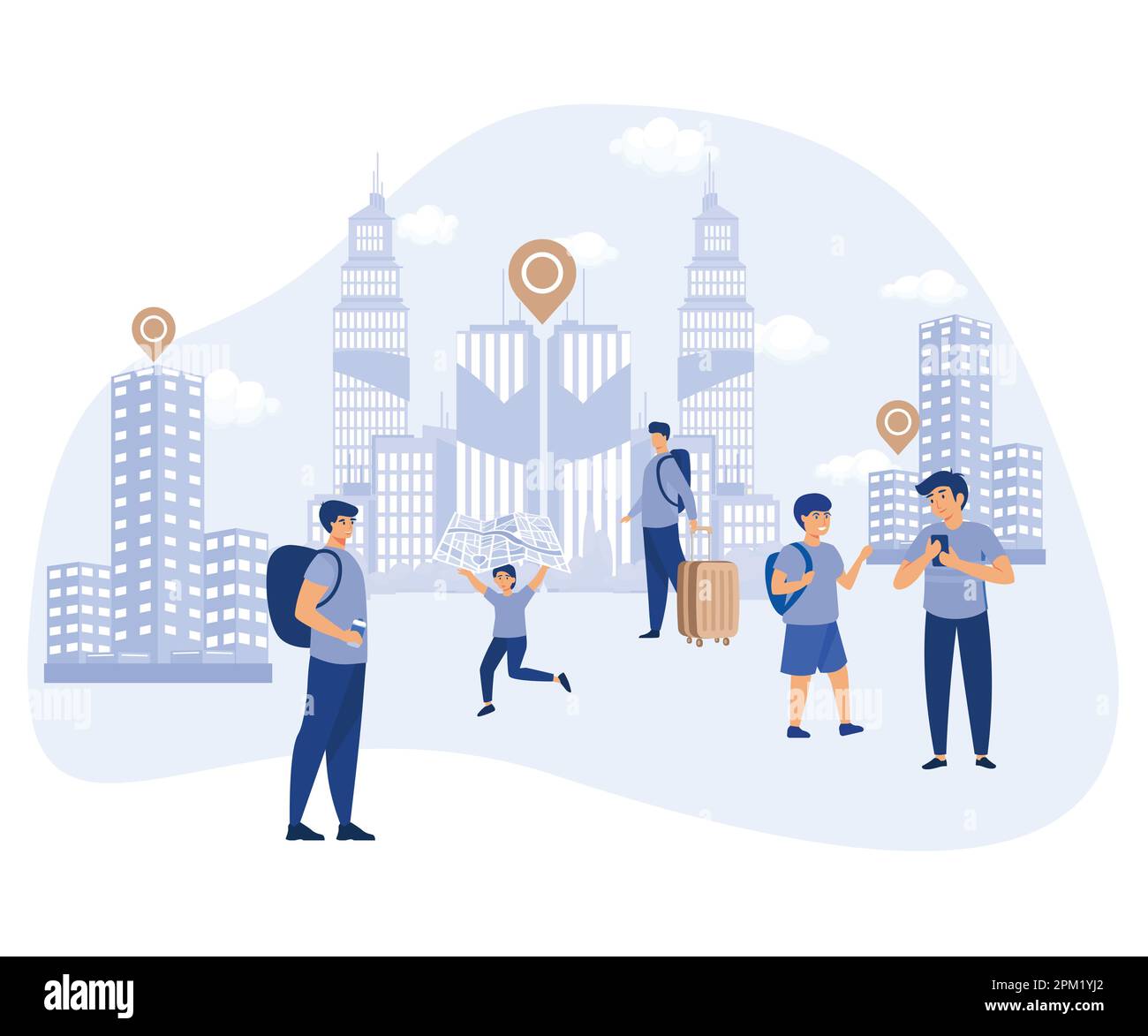 Sightseeing concept, Interactive city quest, city tour, smart destinations project, urban park, old town, taking photos, smart spot, flat vector moder Stock Vector