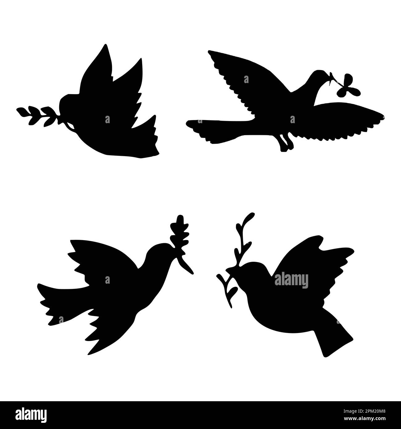 A black silhouette of three doves with a twig in the center and a small twig in the middle. Stock Vector