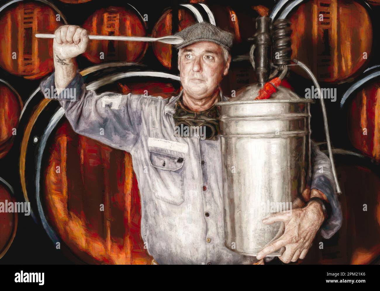 Oil painting styled art on a distillery chief batching a brew on whisky barrel background Stock Photo