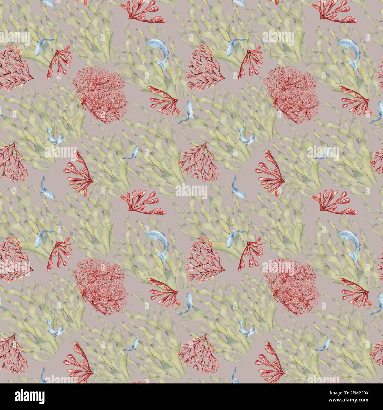 Seamless pattern of laminaria and coral watercolor isolated on pink background. Pink agar agar, sea plants and fish hand drawn. Design element for pac Stock Photo