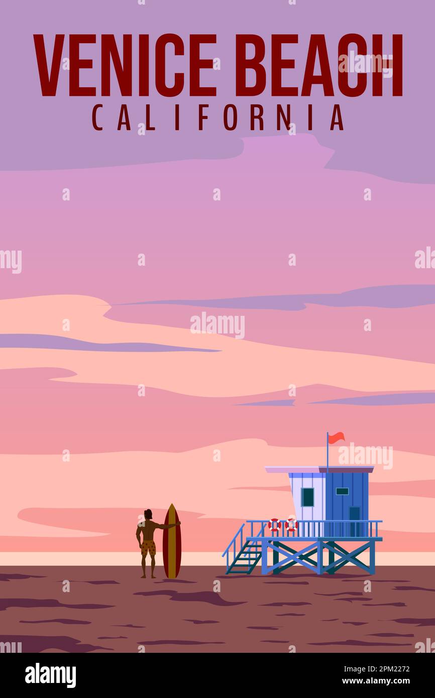 California Venice Beach retro travel poster vector Stock Vector Image