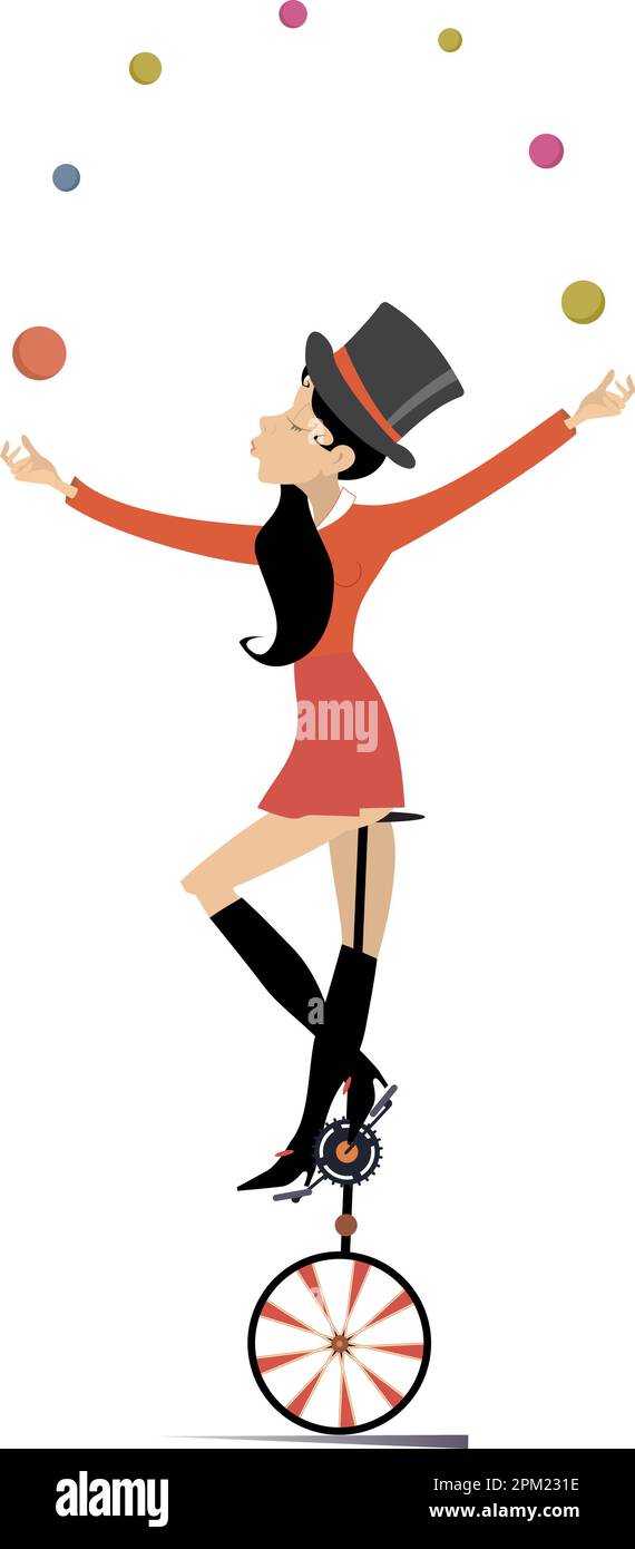 Equilibrist woman on the unicycle juggles the balls. Smiling woman in