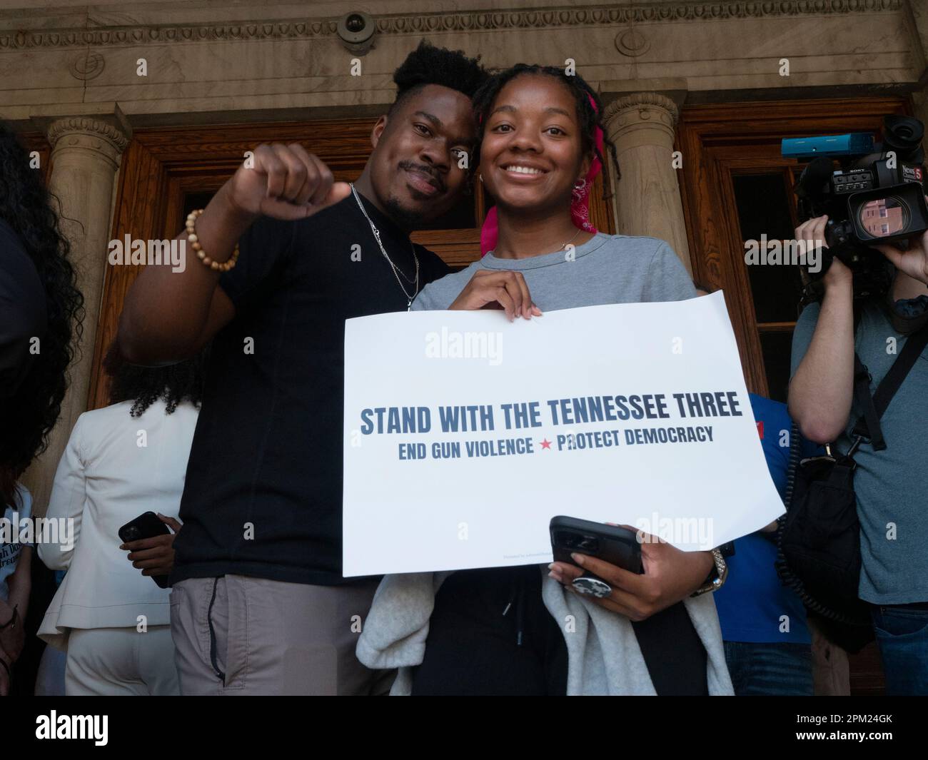 Nashville, Tennessee, USA. 10th Apr, 2023. JORDAN TAYLOR-EBOKO and TAJI HANCOCK hold a sign during a rally in support of ending gun violence and the Tennessee Three. Two of the three, Rep. Justin Pearson and Rep. Justin Jones, where removed from the Tennessee state legislature for leading a protest following a school shooting that left six people dead. A third legislator, Rep. Gloria Johnson was not expelled. (Credit Image: © Sue Dorfman/ZUMA Press Wire) EDITORIAL USAGE ONLY! Not for Commercial USAGE! Credit: ZUMA Press, Inc./Alamy Live News Stock Photo