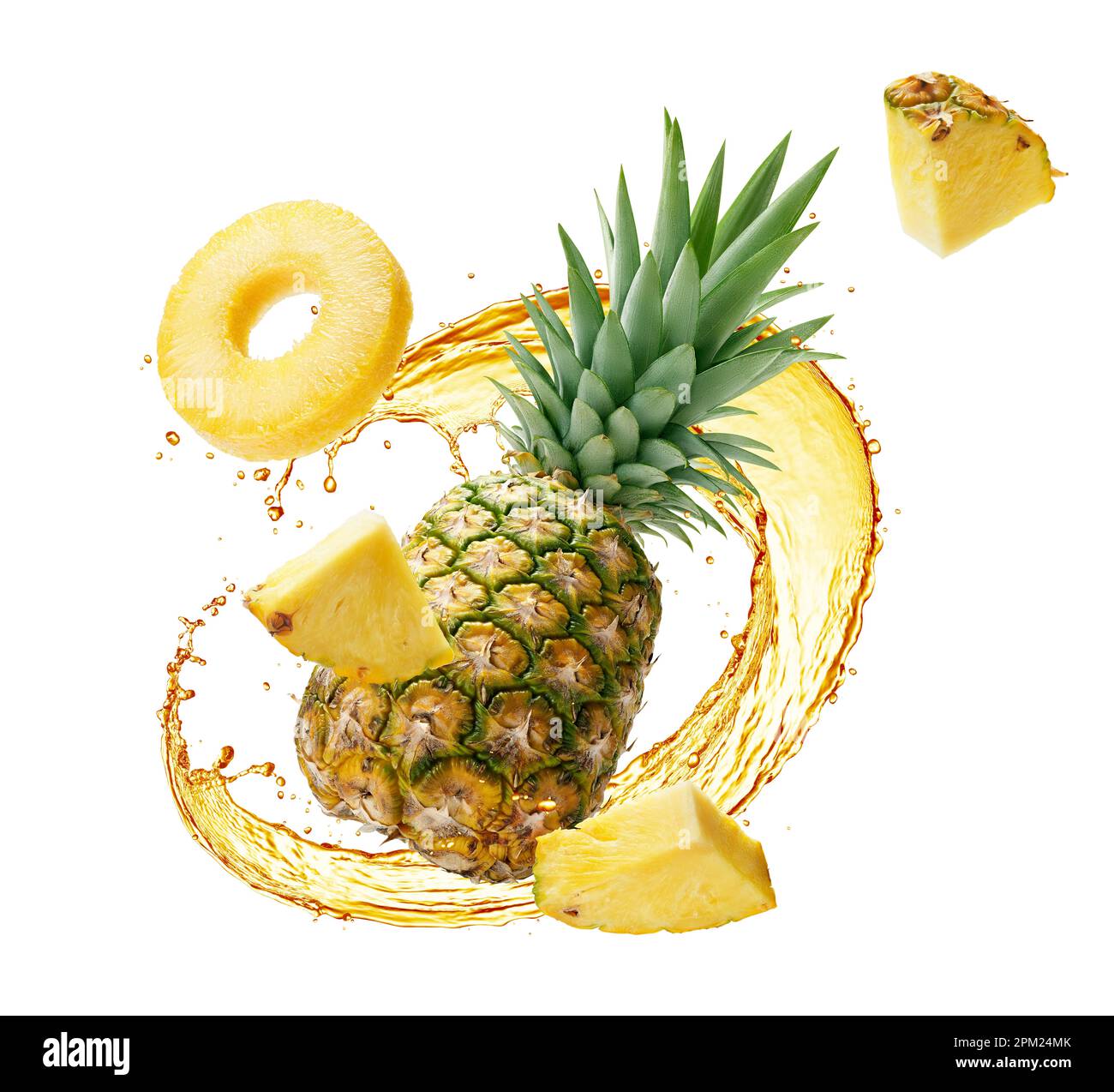Pineapple juice splashing with its fruit over white background Stock