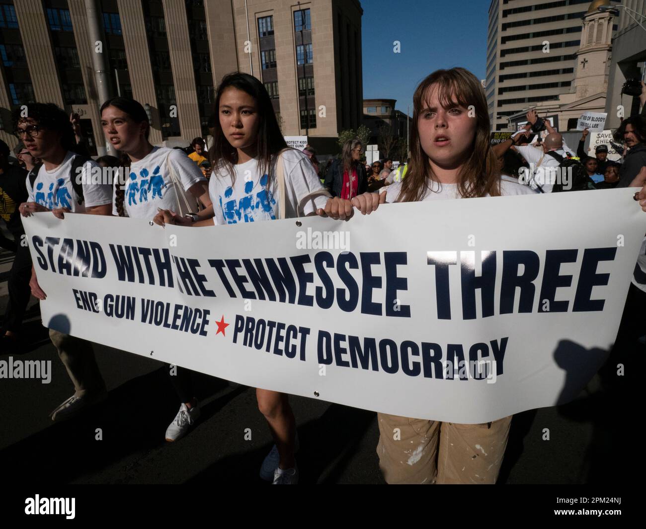 Nashville, Tennessee, USA. 10th Apr, 2023. Young members of March for Our Lives lead a crowd of hundreds through a downtown Nashville street in support of democracy, the end to gun violence and the Tennessee Three. Two state representatives were expelled from the Tennessee Legislature the previous week for leading a protest following a school shooting. The third missed expulsion by one vote. (Credit Image: © Sue Dorfman/ZUMA Press Wire) EDITORIAL USAGE ONLY! Not for Commercial USAGE! Credit: ZUMA Press, Inc./Alamy Live News Stock Photo