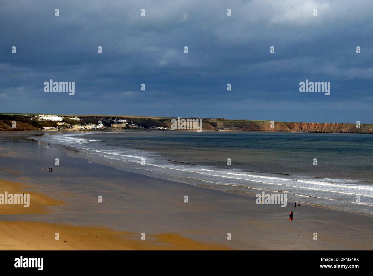 Hunmanby Sands, a vast area of sands when the tide is out on the east coast of England between Bridlington in the south and Filey to the north. Stock Photo