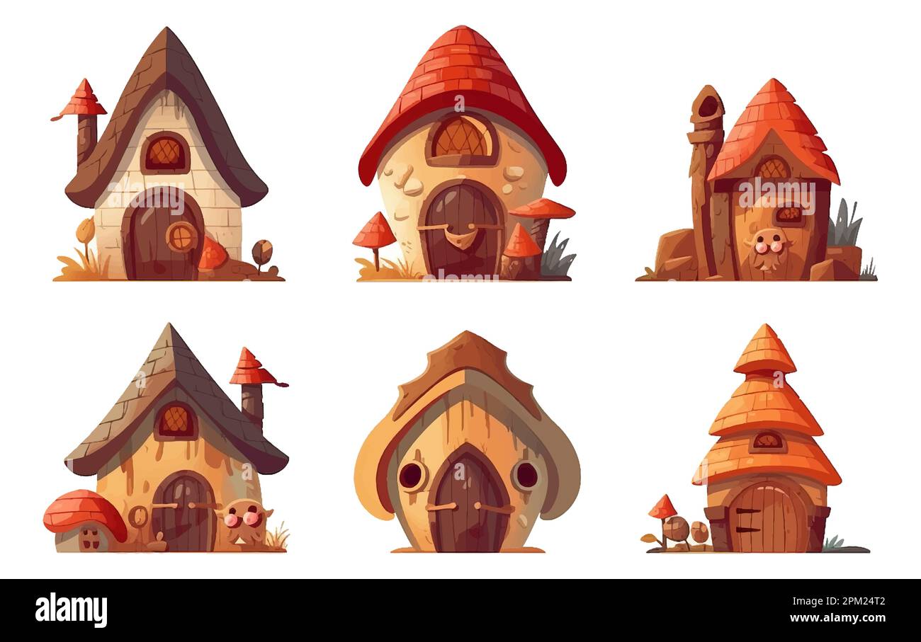 set vector illustration of fairytale fantasy house with cute roof for elf isolate on white Stock Vector