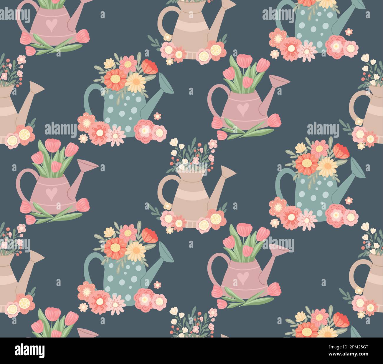 Vector flat hand drawn seamless pattern with garden watering cans and ...