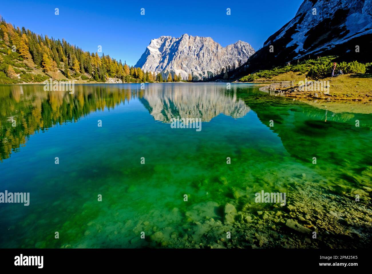 Seebensee Lake, Zugspitze and Wetterstein mountains in back, Mieminger Mountains, Ehrwald, Tyrol, Austria, Autumn Stock Photo