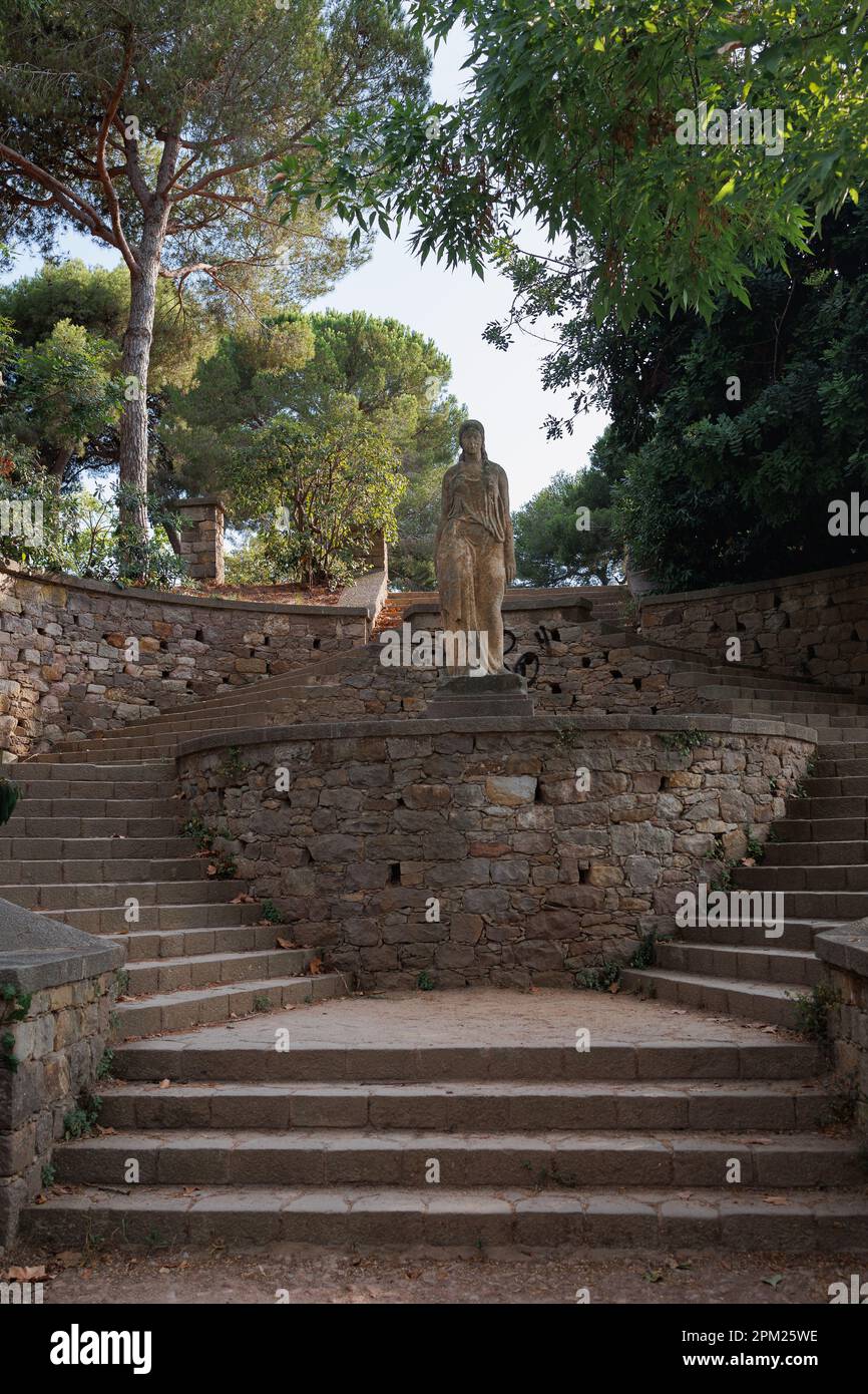 Barcelona Montjuic Garden - Public Park with Statue and Stone Staircase ...