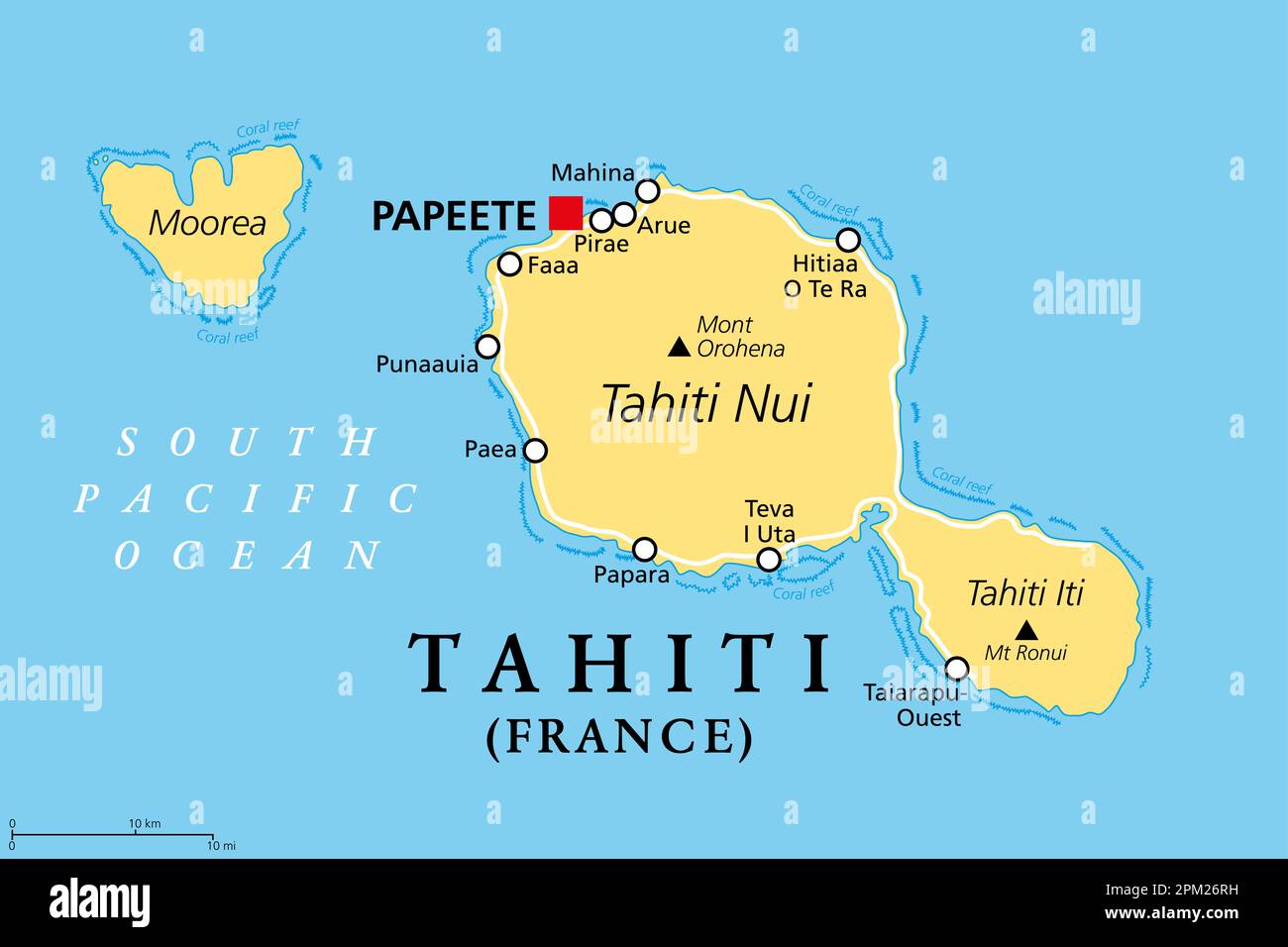 Tahiti, French Polynesia, political map. Largest island of the Windward group of the Society Islands, with capital Papeete. Stock Photo