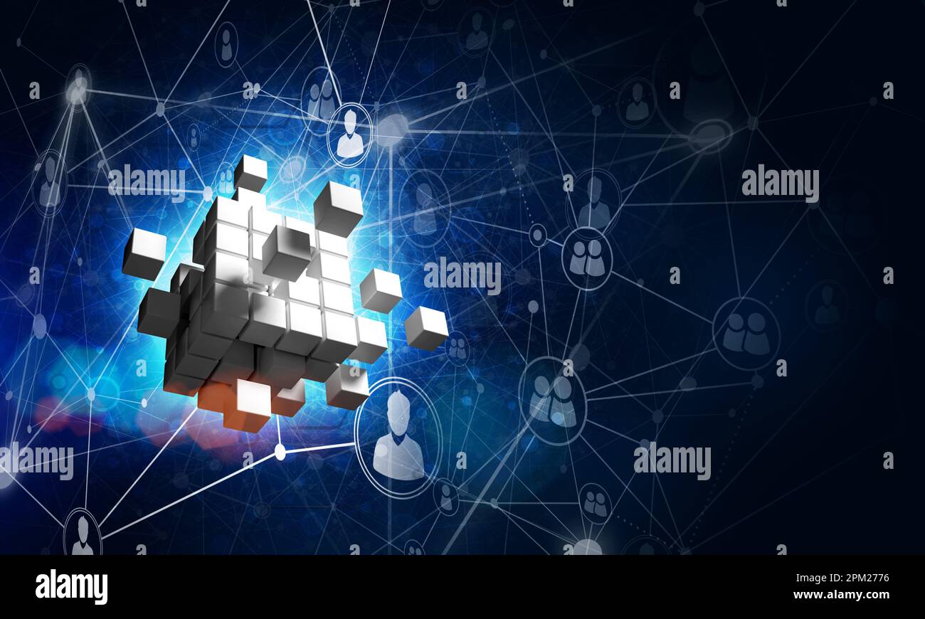 Concept of Internet and networking with digital cube figure on dark ...