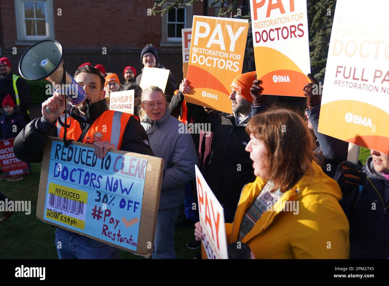 Striking NHS junior doctors on the picket line outside Leicester Royal