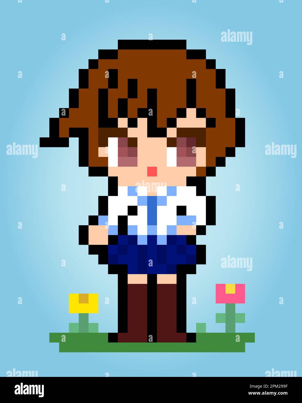 8 bit of pixel women's character. Pixel School girl in vector illustrations for game assets or cross stitch patterns. Stock Vector