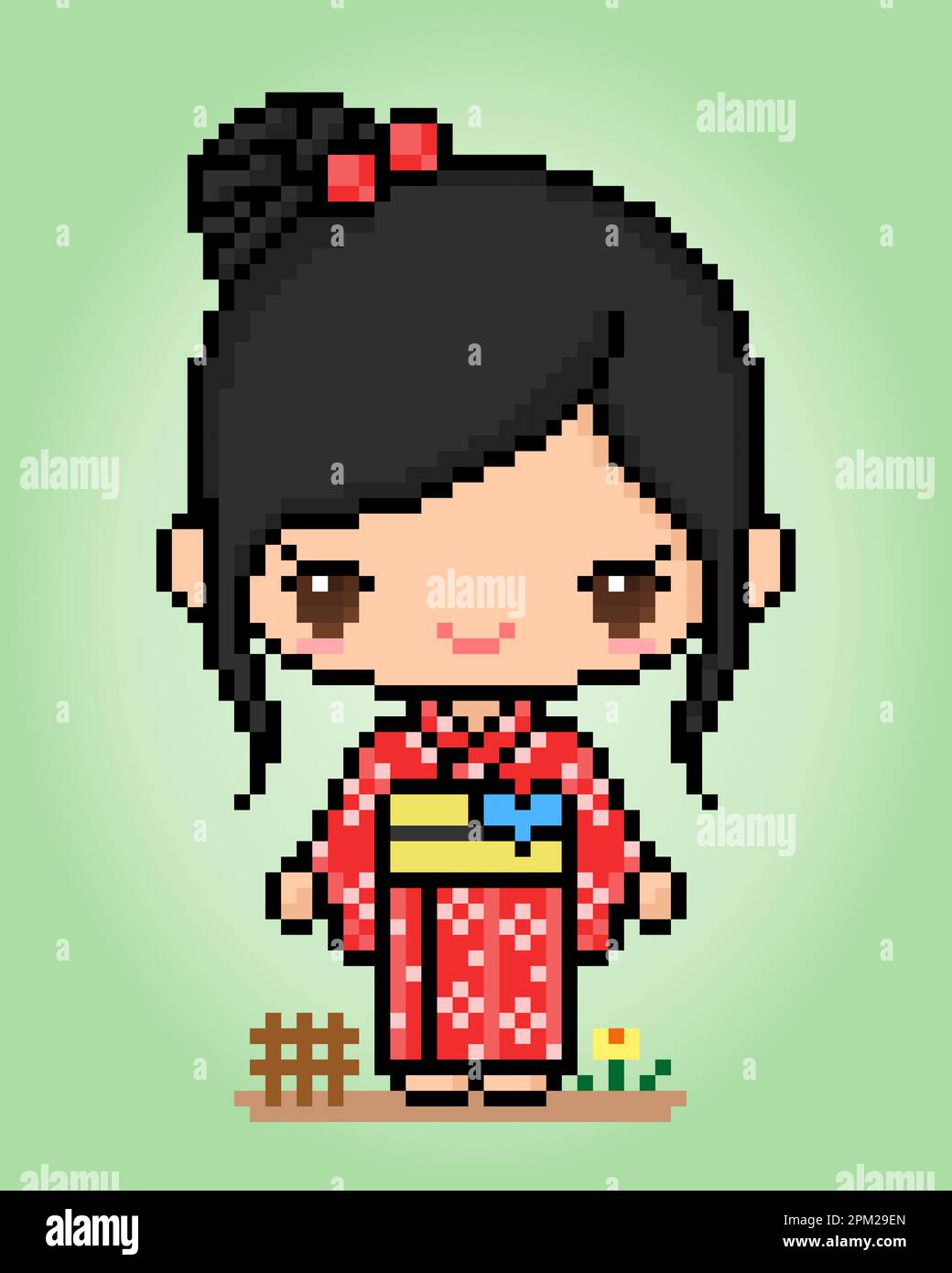 8 Bit Pixels Character Women Wear a Kimono Dress. Adult girl pixels in