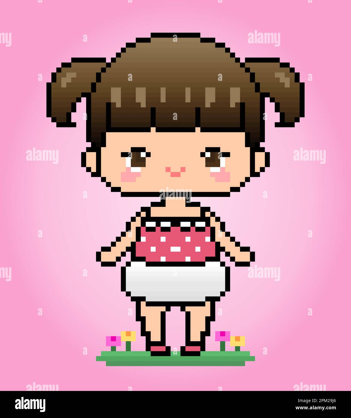 8 bit baby pixel character. Anime cartoon girl in vector illustration for game assets or cross stitch patterns. Stock Vector