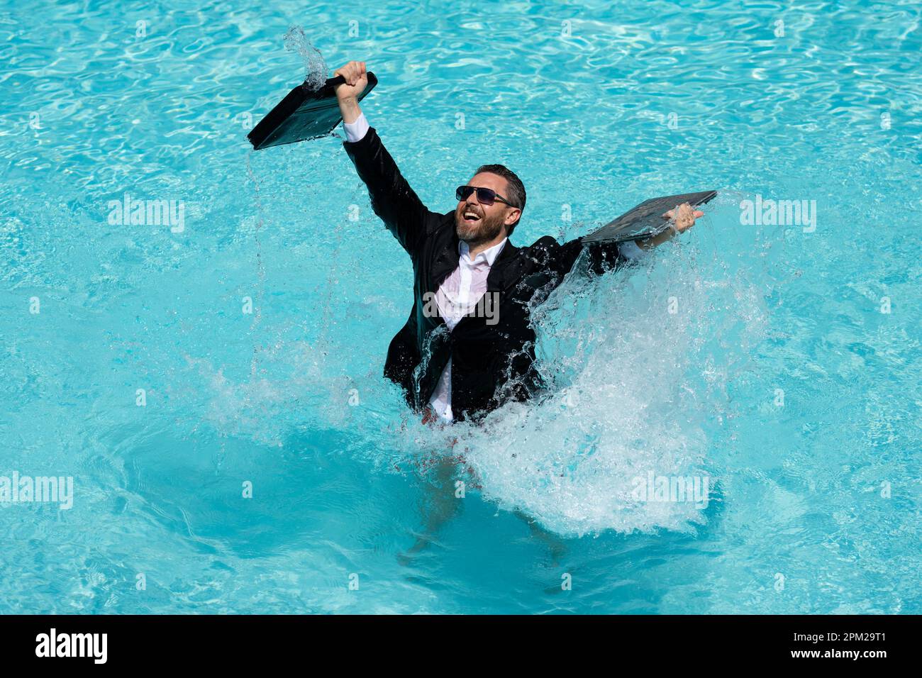 Summer business. Freelancer in summer swimming pool. Business man in