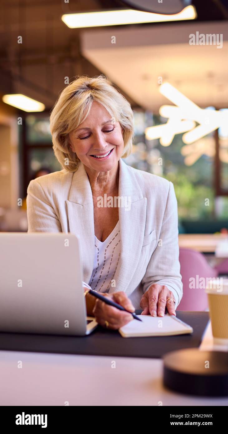 Smiling Mature Businesswoman Working On Laptop At Desk In Office Making Notes Stock Photo
