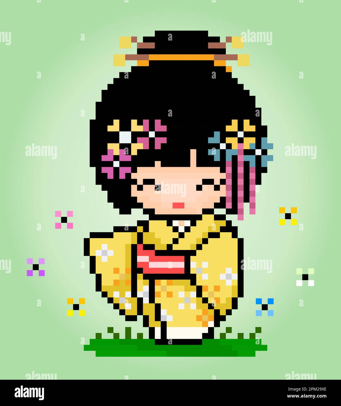 8 Bit Pixels Character Women Wear a Kimono Dress. Adult girl pixels in