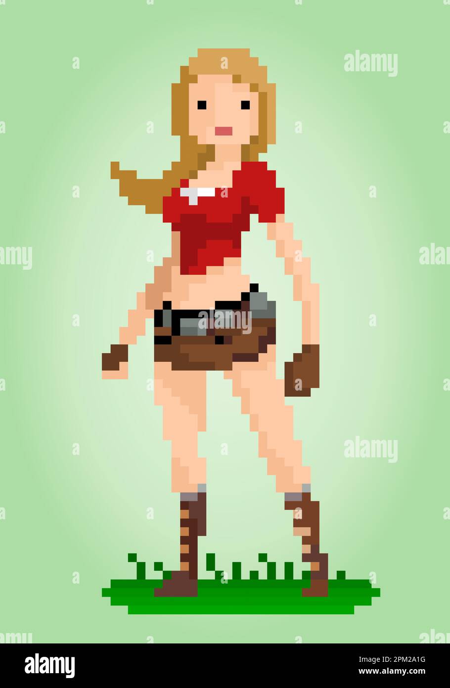 8 bit pixel a hero girl. Woman pixels for game assets and cross stitch patterns in vector illustrations. Stock Vector