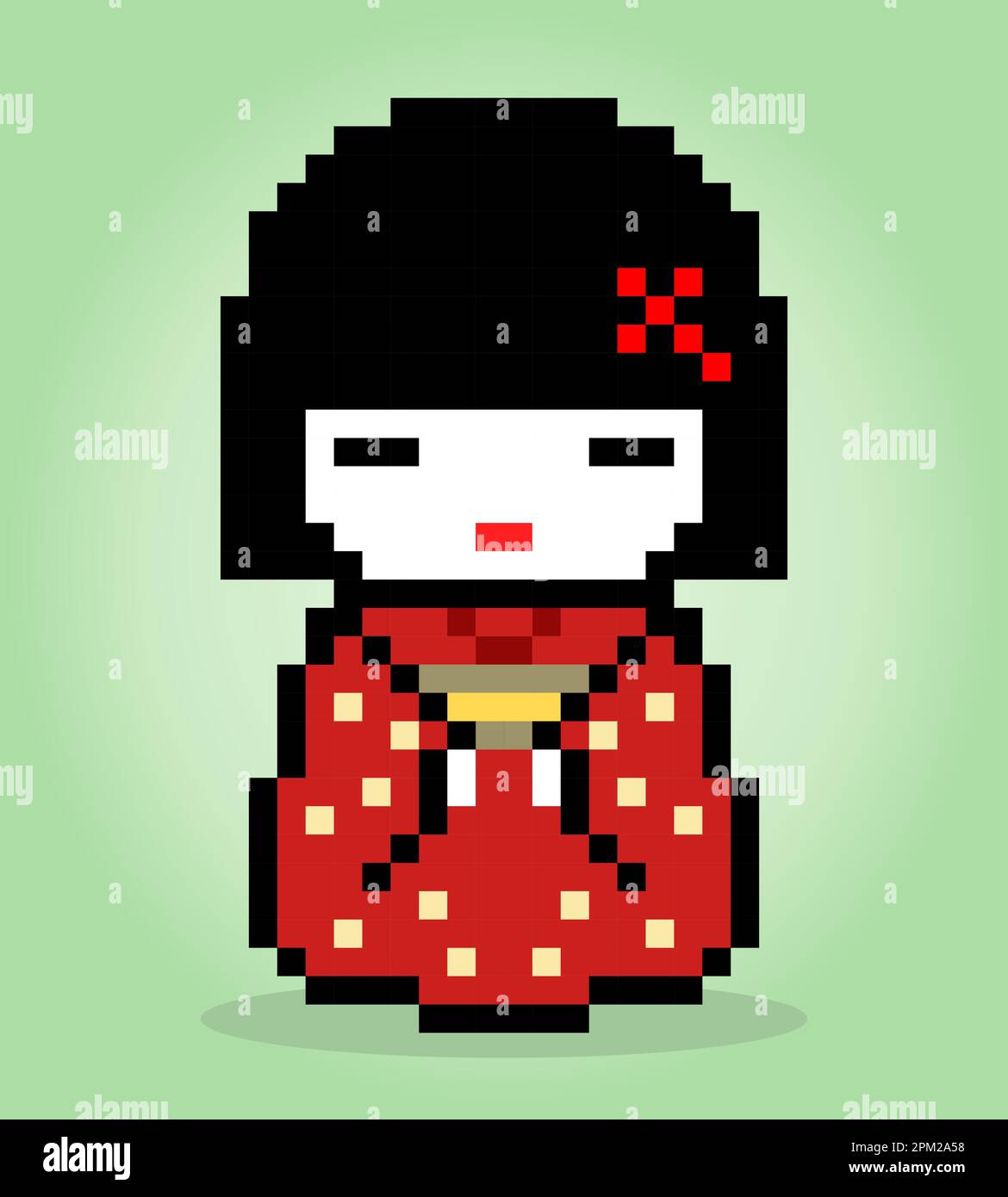 8 Bit Pixels Character Women Wear a Kimono Dress. Geisha pixels in vector illustrations for game assets or cross stitch patterns. Stock Vector
