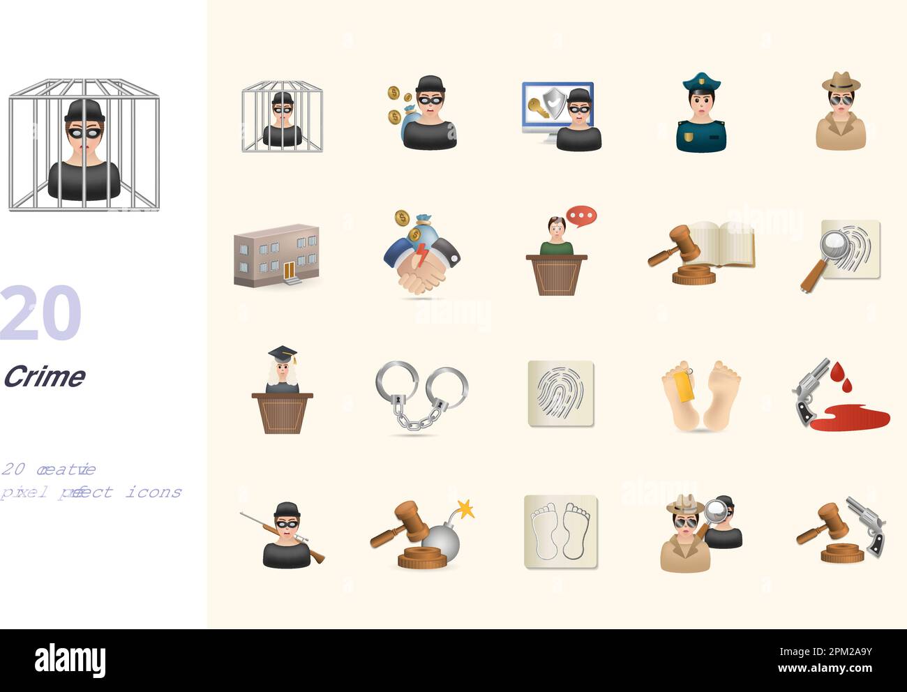Crime set. Creative icons: prisoner, thief, hacker, police officer, detective, jail, corruption, witness, law, evidence, judge, handcuffs, fingerprint Stock Vector