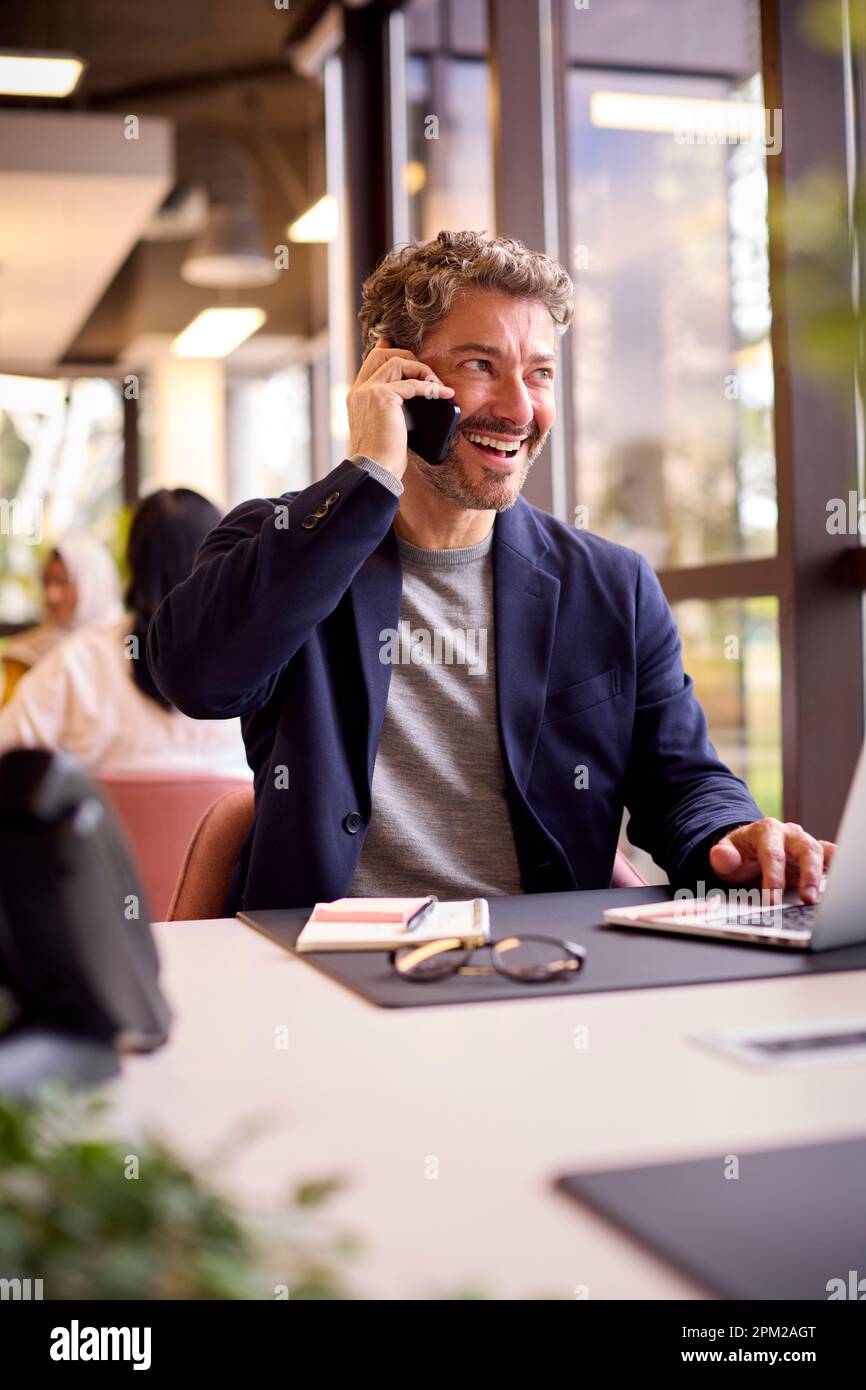 Mature Businessman Working On Laptop At Desk In Office Talking On Mobile Phone Stock Photo