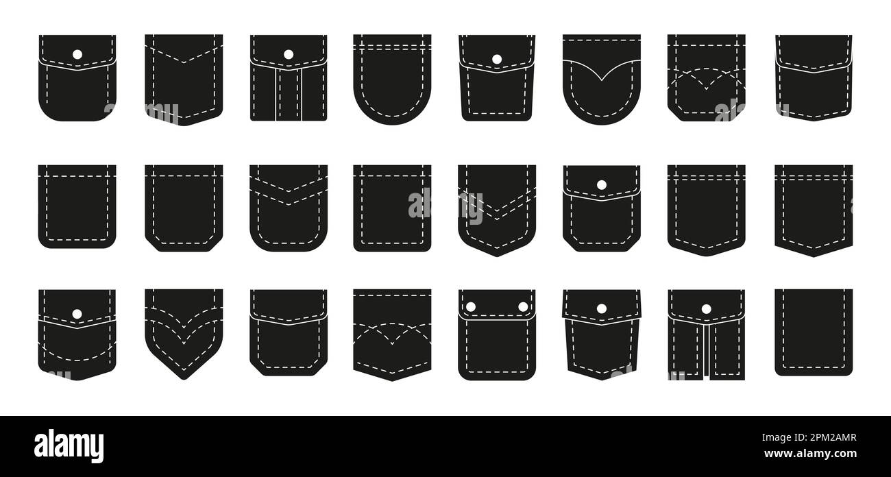 Black pockets. Fabric and denim cloth pocket cutout for sewing, textile patch silhouette fashion design. Simple vector pants element collection. Stitched clothing piece with buttons Stock Vector