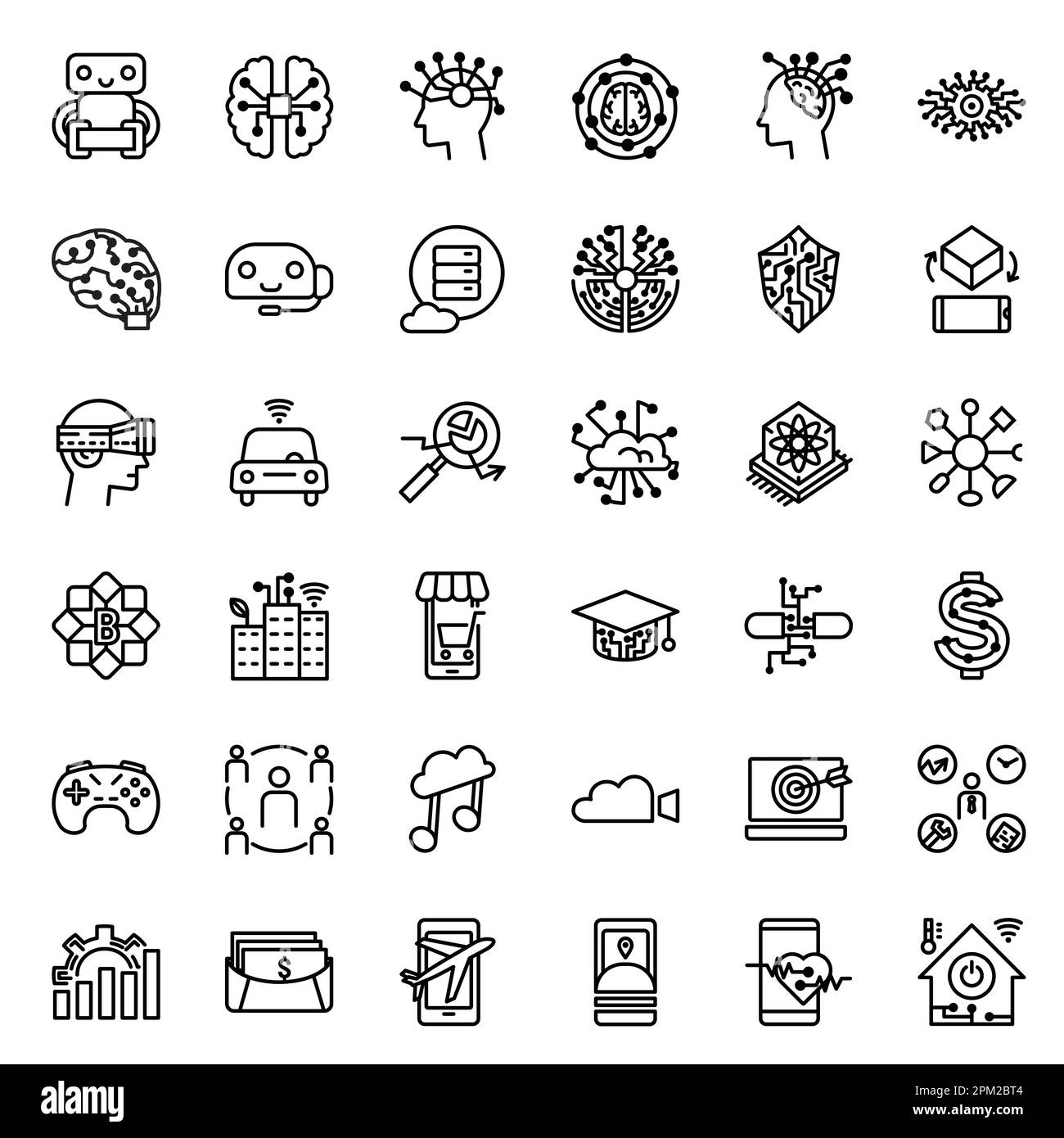 Innovative artificial intelligence and technology icon set in line style, designed to represent the latest advancements in AI and technology, vector i Stock Vector