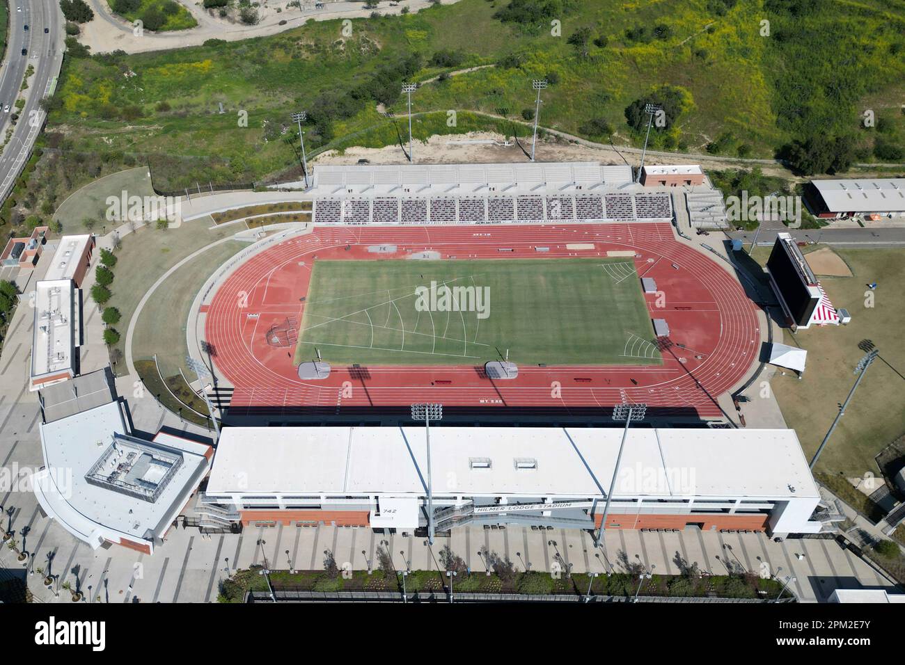 A general overall aerial view of Hilmer Lodge Stadium on the campus of