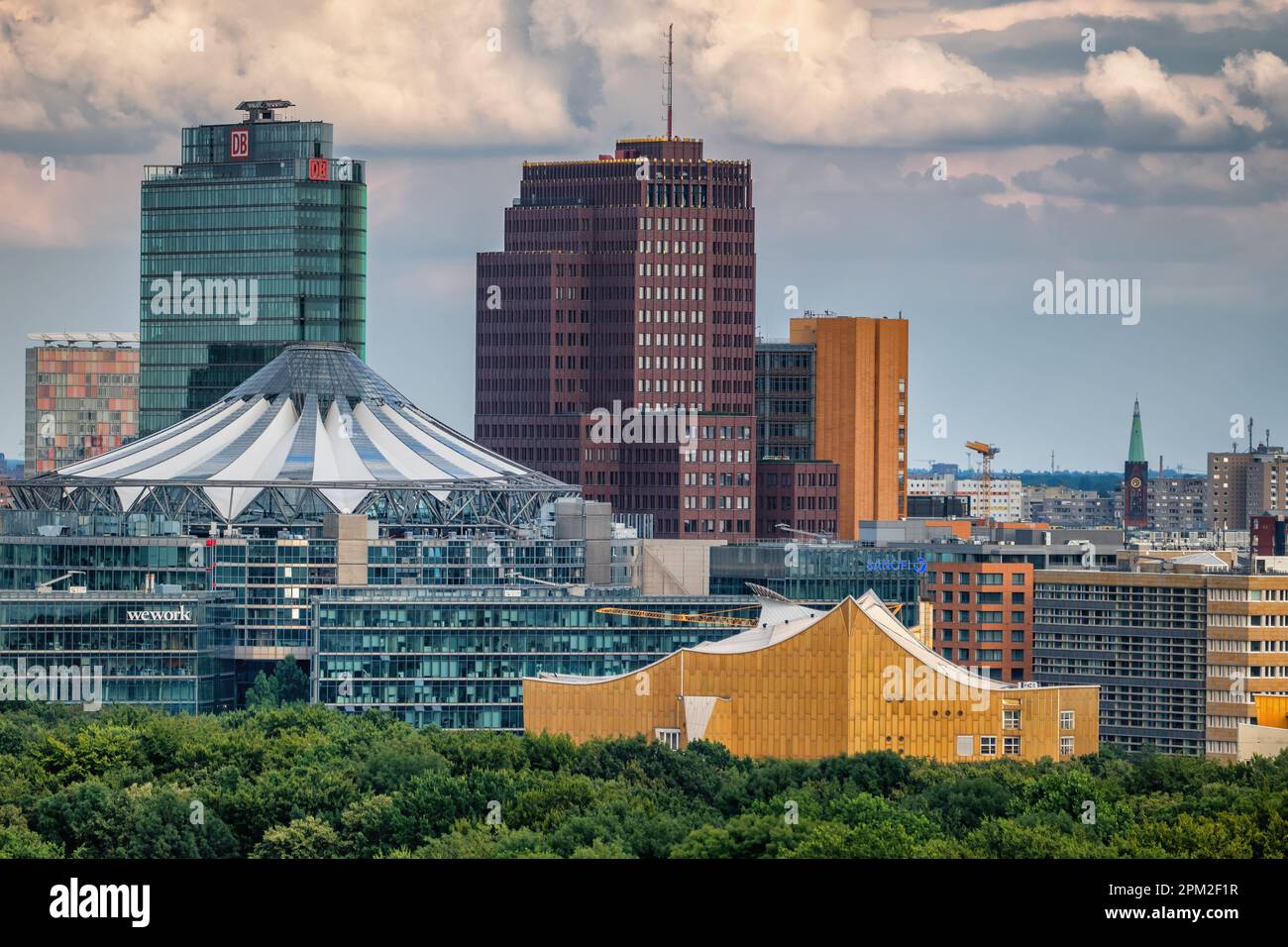 Berlin, Germany - August 4, 2021 - Downtown skyline of the capital city with Sony Center, skyscrapers and Berlin Philharmonic Orchestra building (Berl Stock Photo