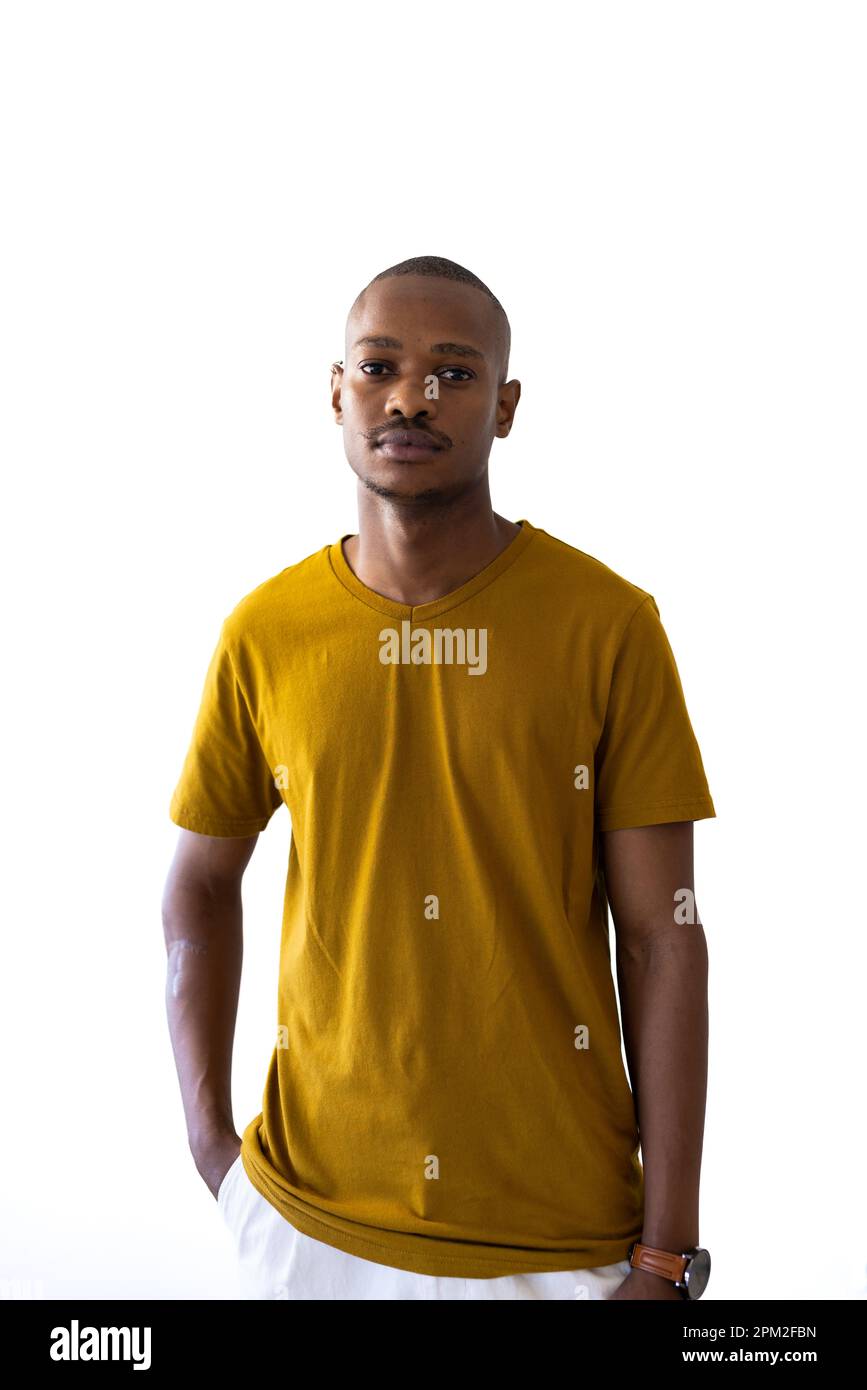 Portrait of african american man wearing yellow tshirt with copy space