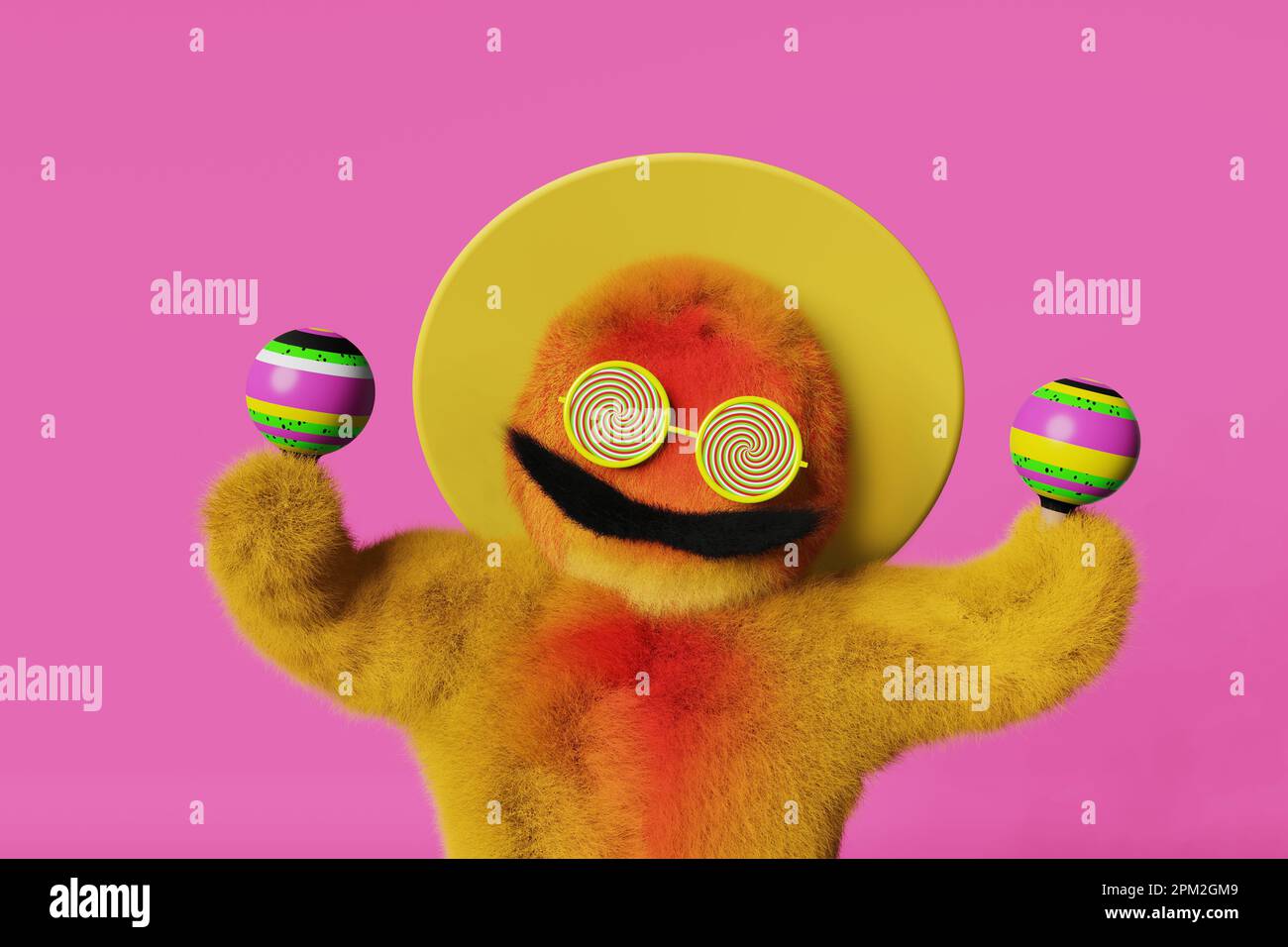 Happy colorful furry Yeti Mexican sombrero hat mustache traditional