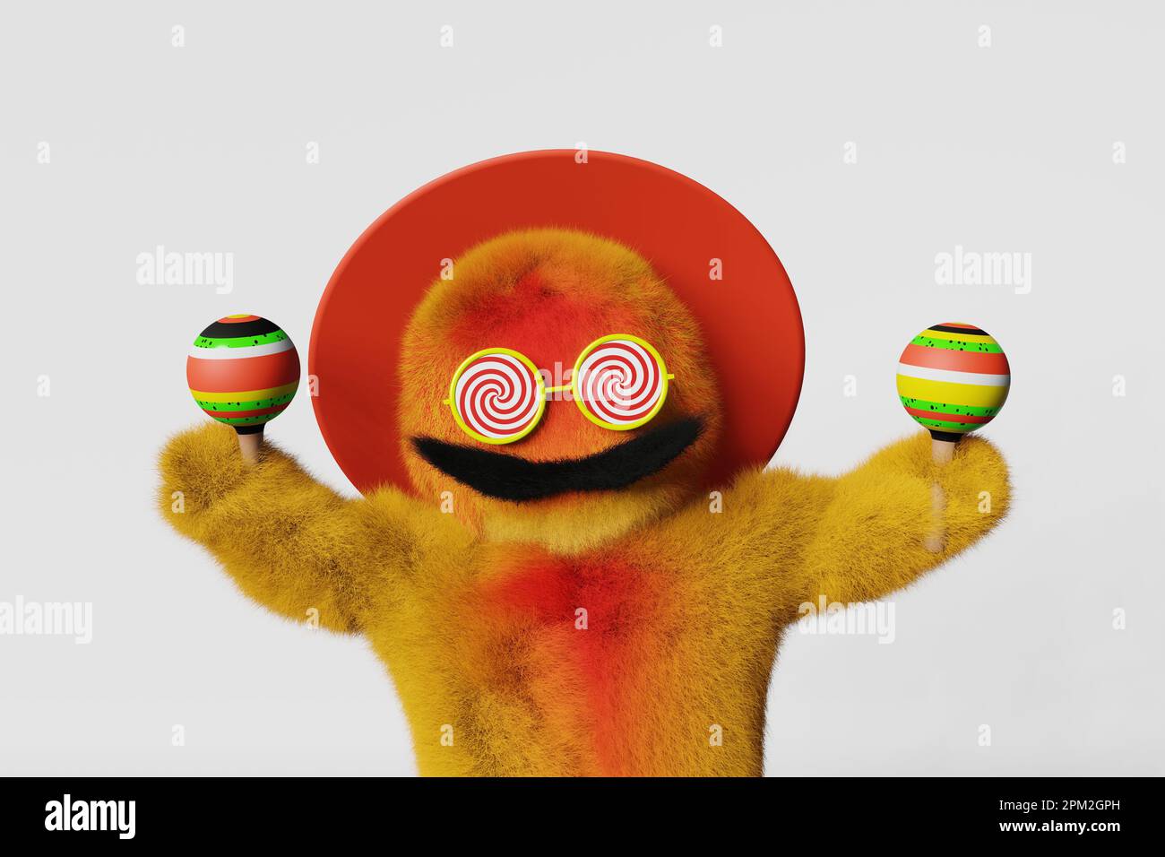 Happy colorful furry Yeti Mexican sombrero hat mustache traditional