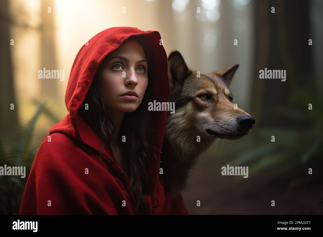 Girl in a red cape, sitting with a wolf, dog in the woods at sunset with  warm sunlight and rays of light Stock Photo - Alamy