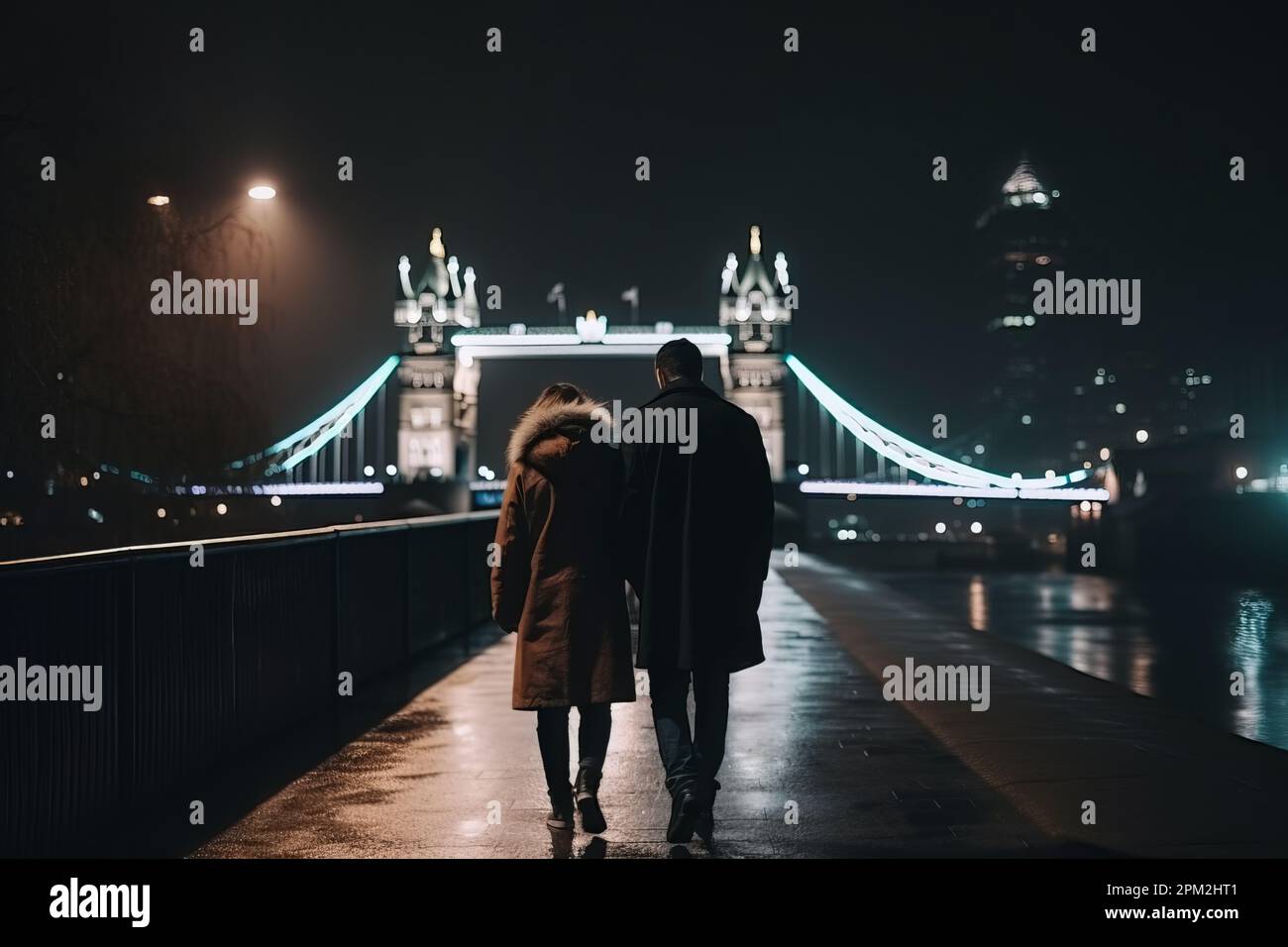 Rear view of a man and woman walking down a city street in London at ...