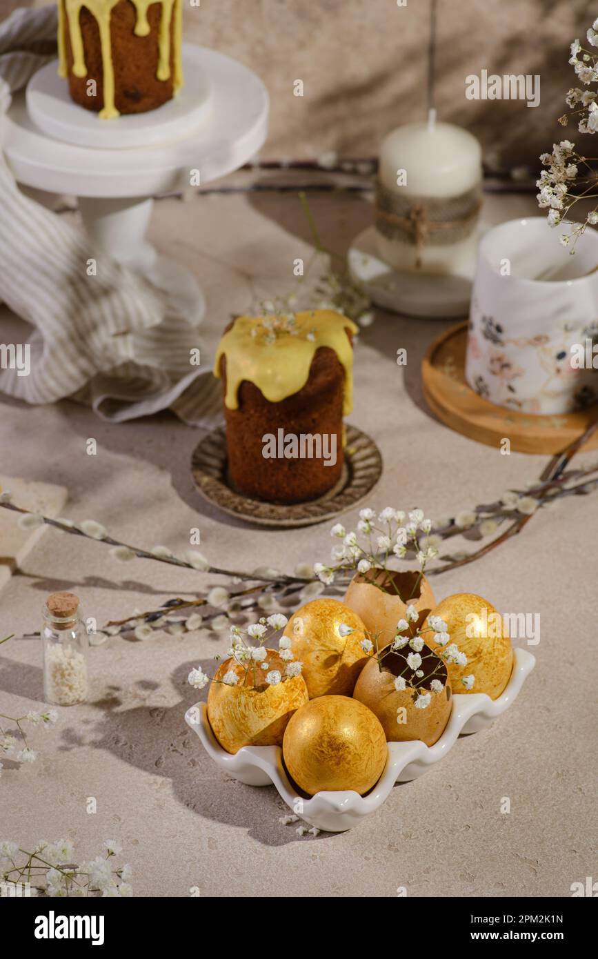 easter cake and painted easter eggs. High quality photo Stock Photo