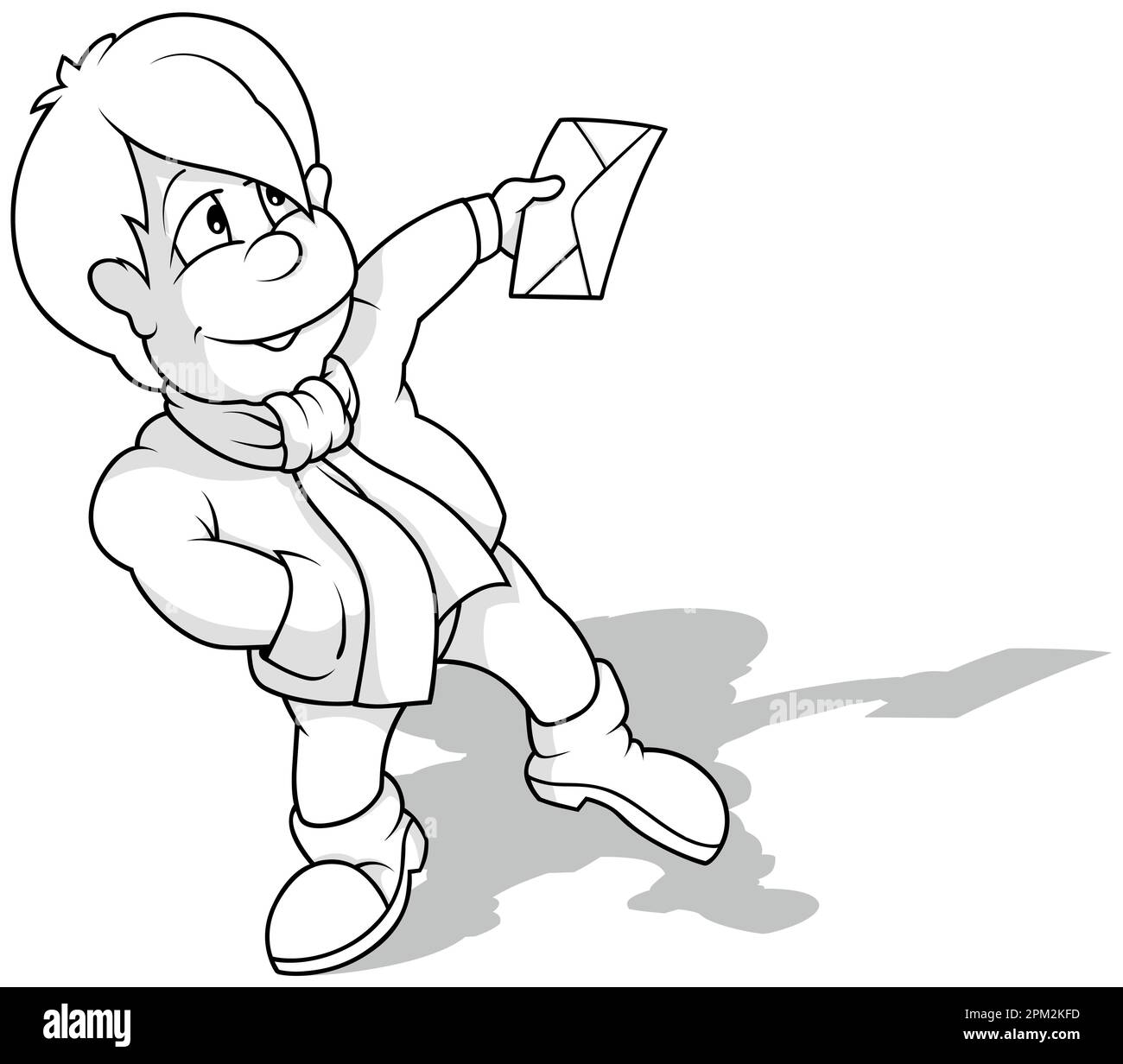 Drawing of a Boy in Winter Clothes Holding a Mail Envelope Stock Vector