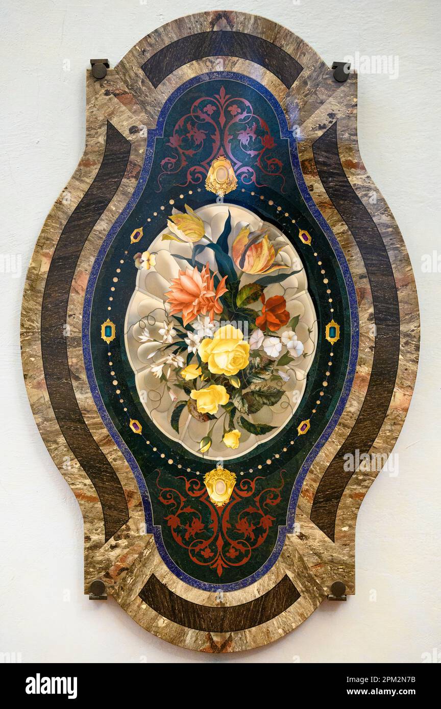 Florence. Italy. Museum of the Opificio delle pietre dure (Workshop of Semi-Precious Stones). Tray with flowers, 1874.  Vassoio con fiori, 1874. Stock Photo