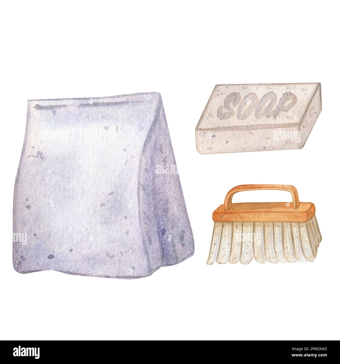 Watercolor set of detergents and cleaning products soap, brush, powder in a package. Isolated