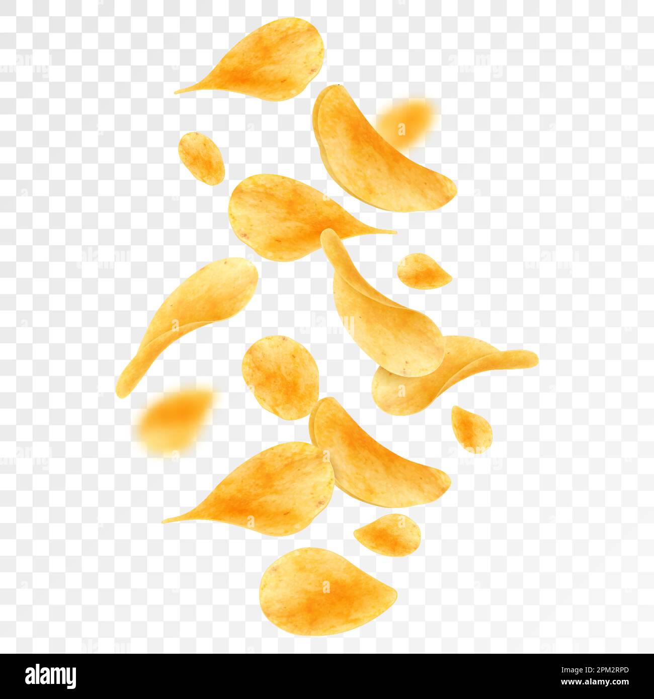 Flying and falling crispy potato chips realistic vector background