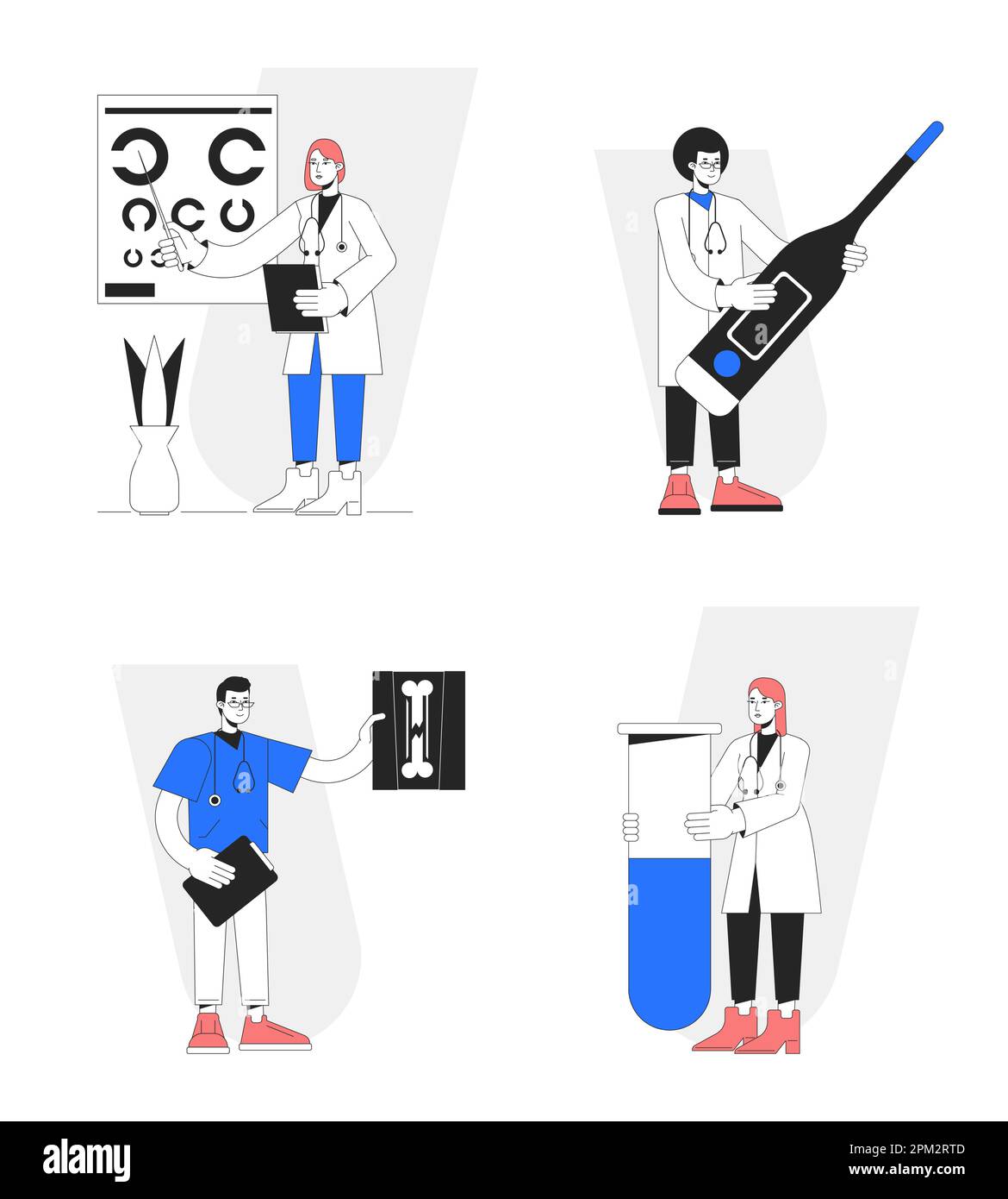 Medical care services flat line concept vector spot illustrations pack Stock Vector
