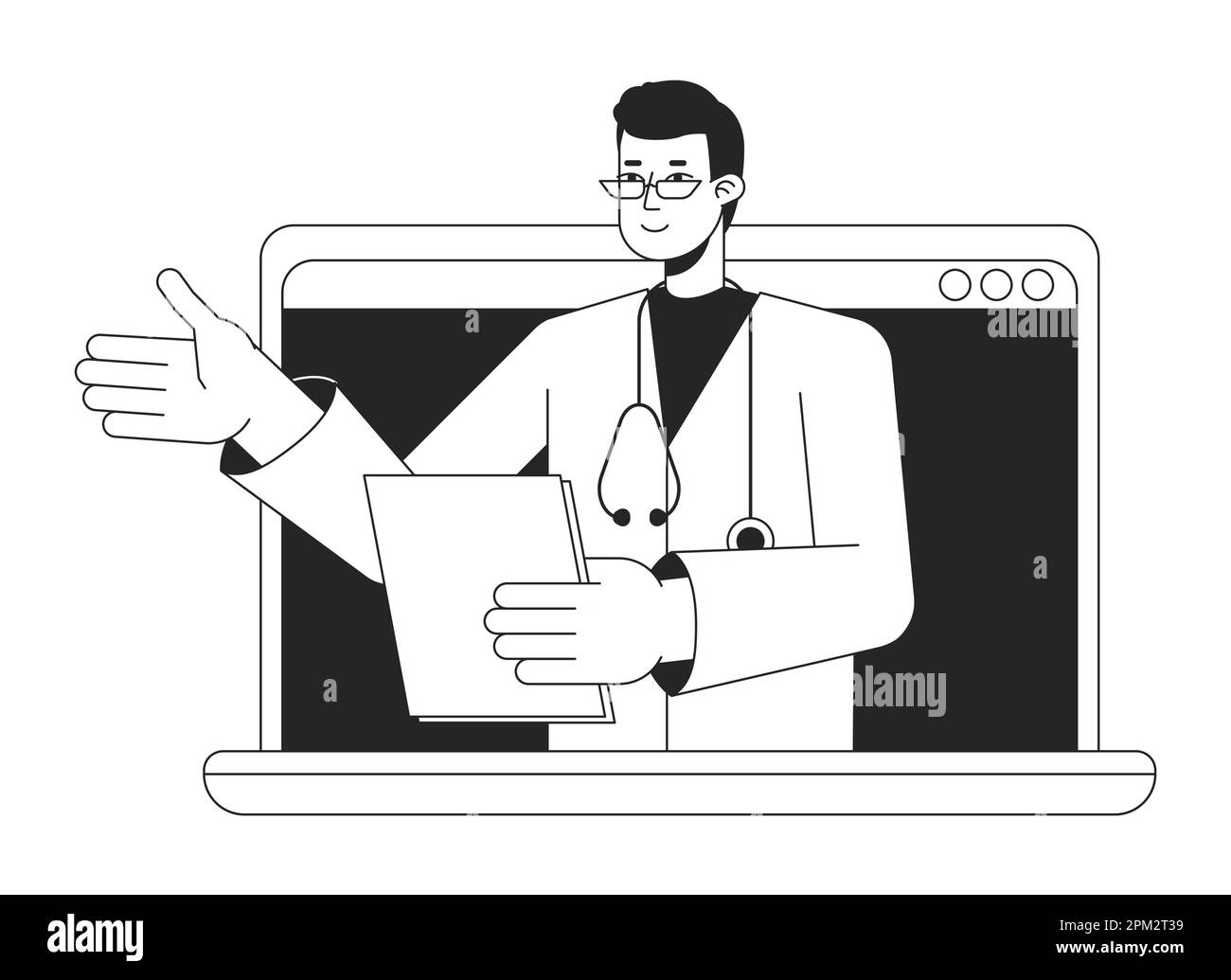 Online doctor visit on laptop bw concept vector spot illustration stock