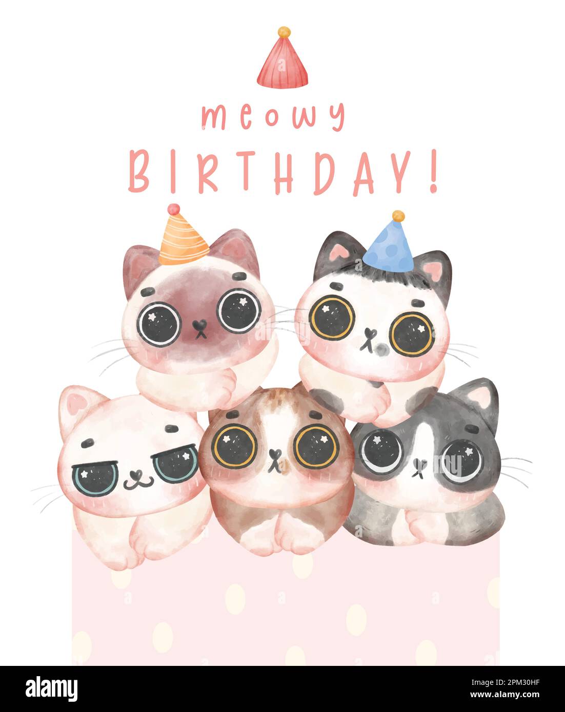 Group of adorable birthday kitten cats head in different breeds Meowy birthday watercolor illustration greeting card Stock Vector