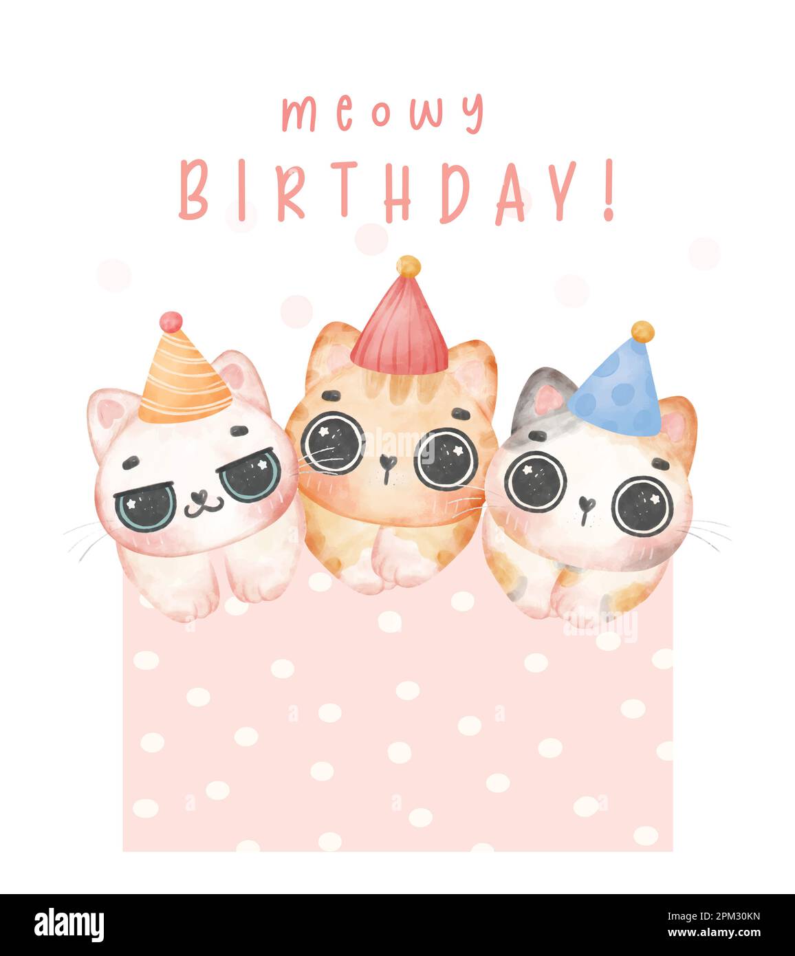 Group of three adorable kitten cats different breeds Meowy birthday watercolor illustration greeting card Stock Vector
