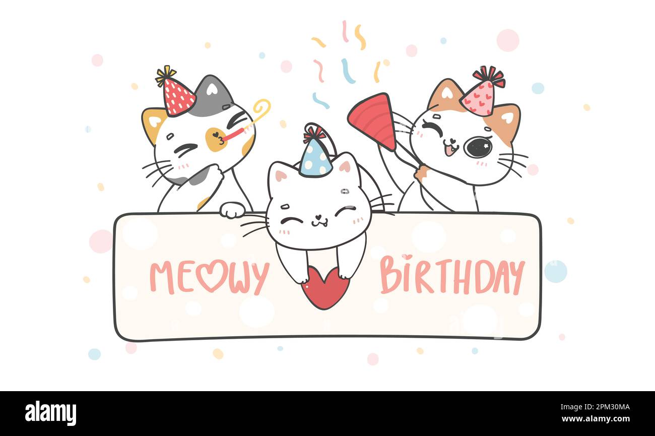 group of three cute funny playful kitten cats celebrating pary birthday, Meowy Birthday, cheerful pet animal cartoon doodle character drawing Stock Vector