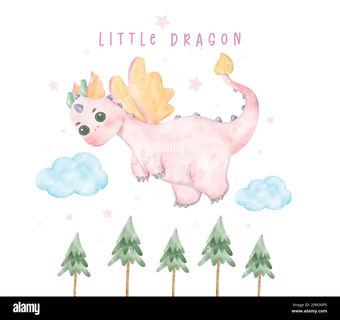 Adorable baby pink dragon flying on tree little dragon watercolour, whimsical children animal nursery illustration Stock Vector